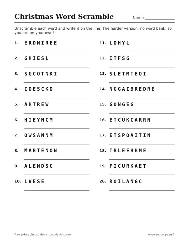 Preview of the christmas word scramble without a word bank
