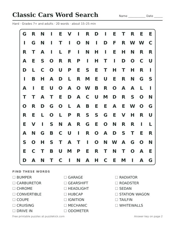 Preview of the classic cars hard word search