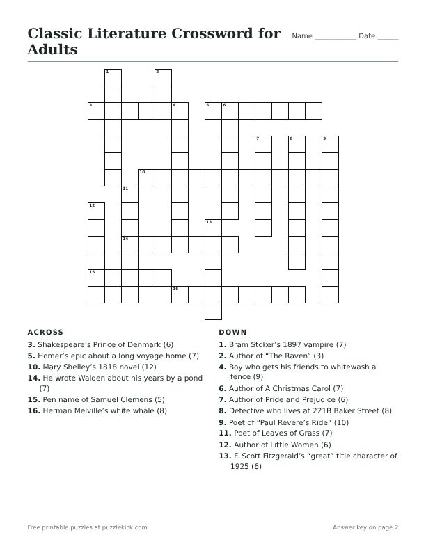 Preview of the classic literature crossword for adults