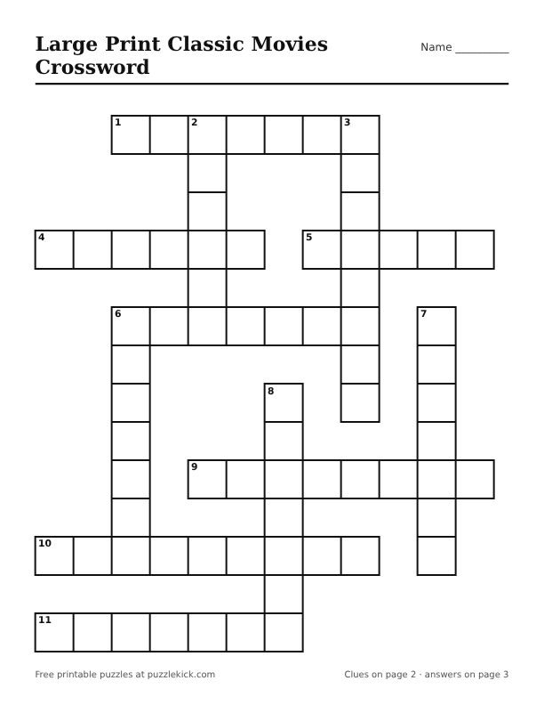 Printable Large Print Classic Movies Crossword PDF preview with big squares and large clues