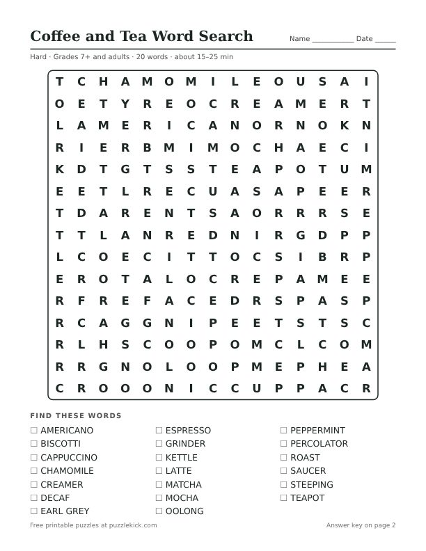 Preview of the coffee and tea hard word search