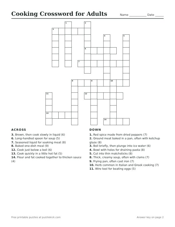 Printable Cooking Crossword for Adults PDF preview with grid and clues