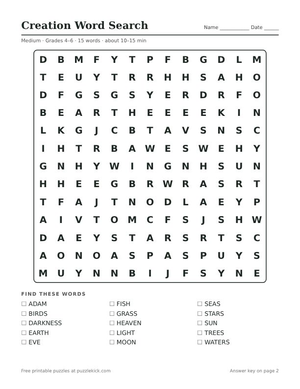 Printable Creation Word Search PDF preview: puzzle page with word list