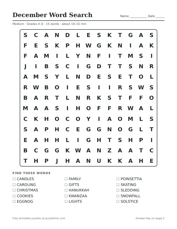 Printable December Word Search PDF preview: puzzle page with word list