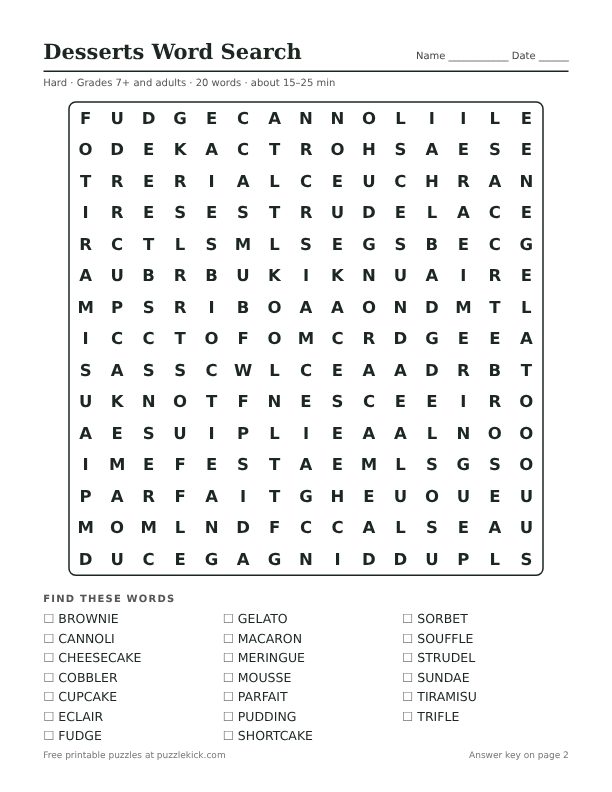 Preview of the desserts hard word search