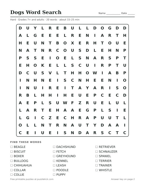 Preview of the dogs hard word search