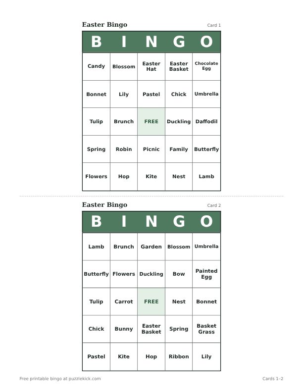 Easter Bingo printable PDF preview with two cards