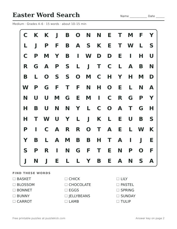 Printable Easter Word Search PDF preview: puzzle page with word list