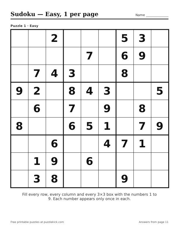 Preview of the Easy · 1 per page sudoku PDF