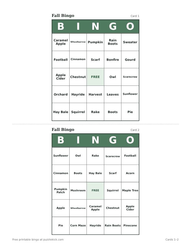 Fall Bingo printable PDF preview with two cards