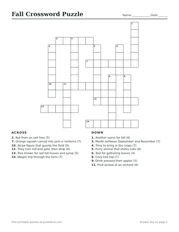Printable Fall Crossword Puzzle PDF preview with grid and clues