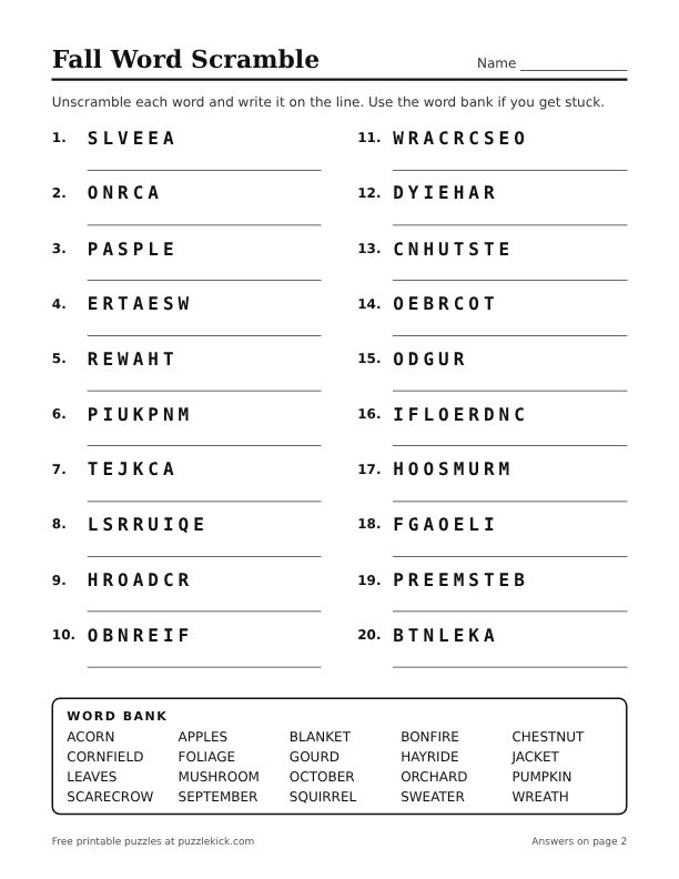 Preview of the fall word scramble