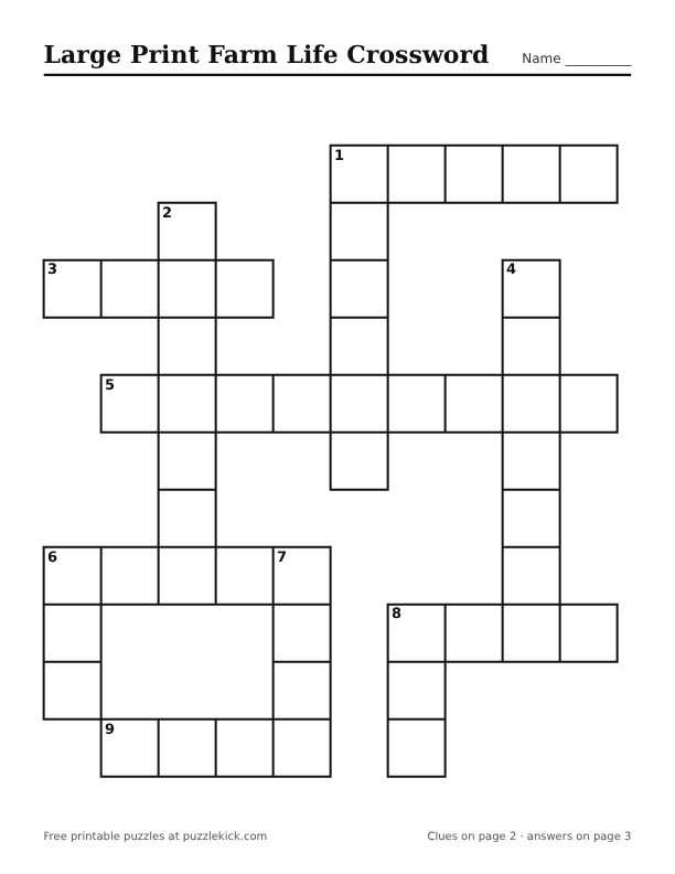 Printable Large Print Farm Life Crossword PDF preview with big squares and large clues