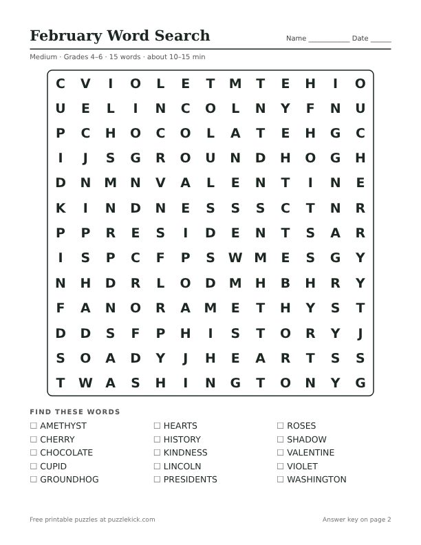 Printable February Word Search PDF preview: puzzle page with word list