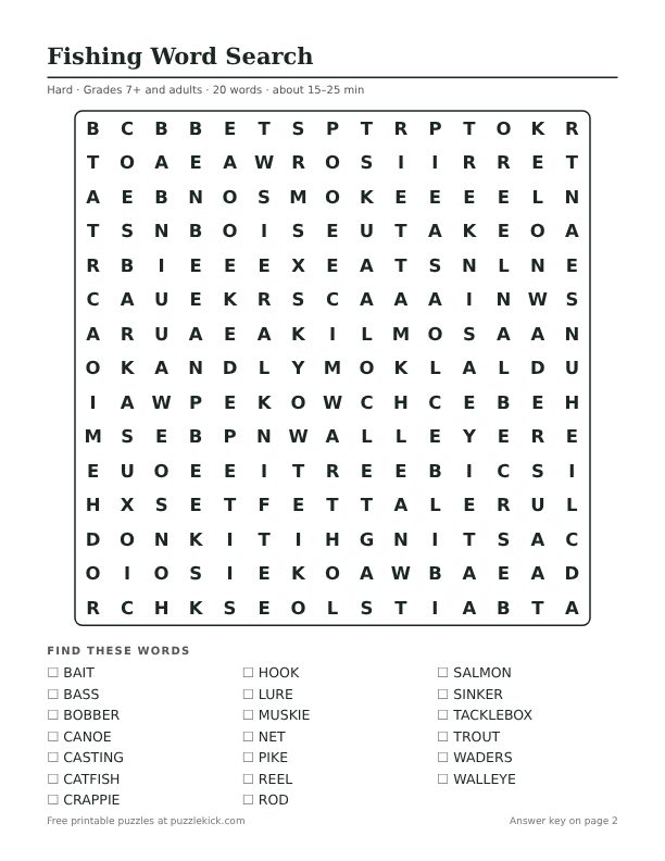 Printable Fishing Word Search PDF preview: puzzle page with word list