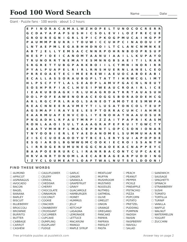 Preview of the food 100 word word search PDF