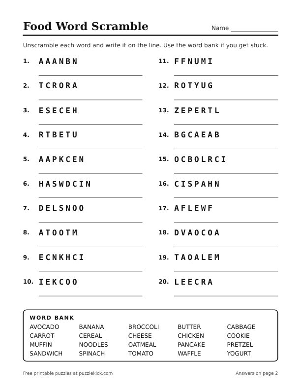 Preview of the food word scramble