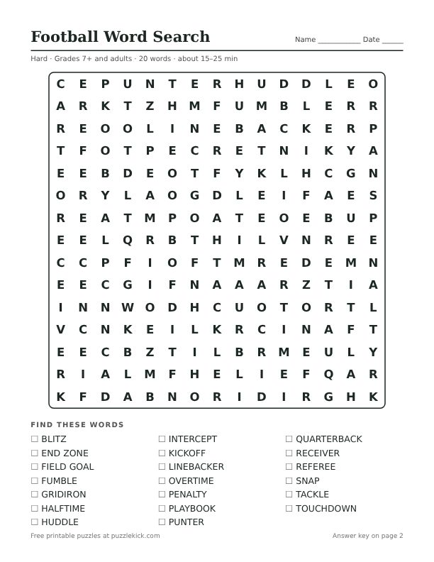 Preview of the football hard word search