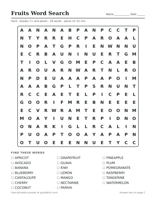 Preview of the fruits hard word search