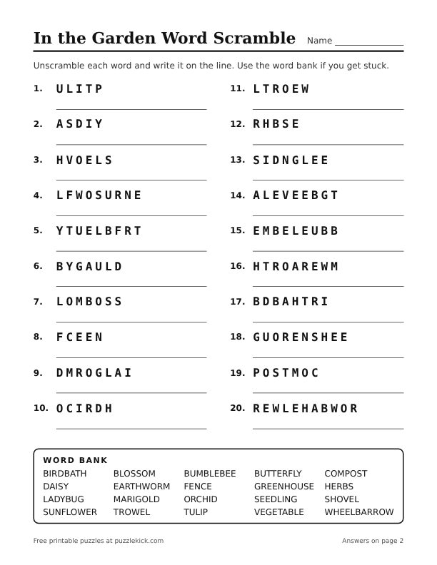Preview of the in the garden word scramble