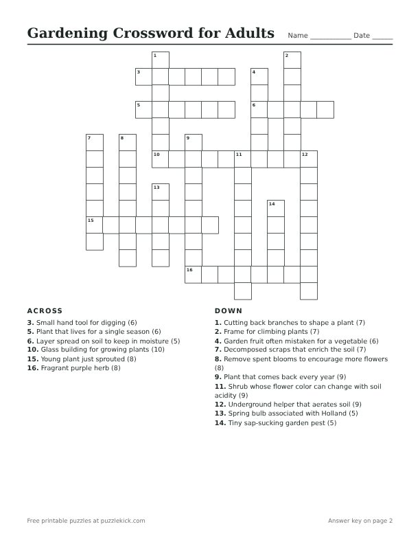 Printable Gardening Crossword for Adults PDF preview with grid and clues