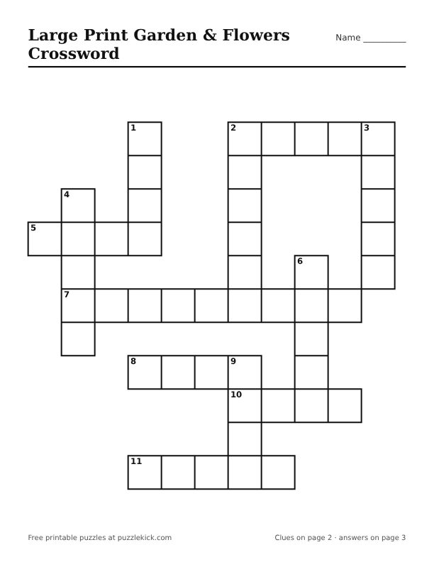 Printable Large Print Garden & Flowers Crossword PDF preview with big squares and large clues