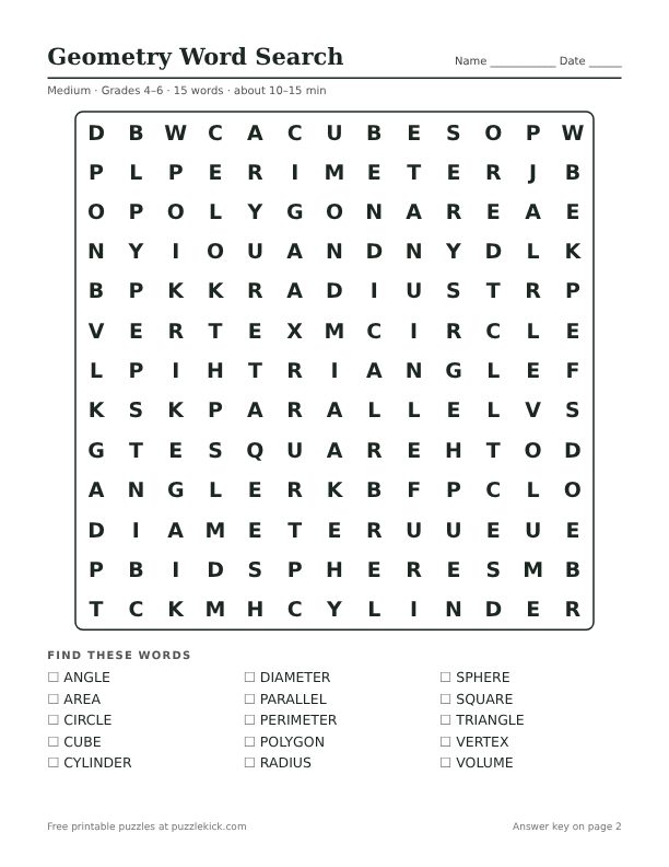 Printable Geometry Word Search PDF preview: puzzle page with word list