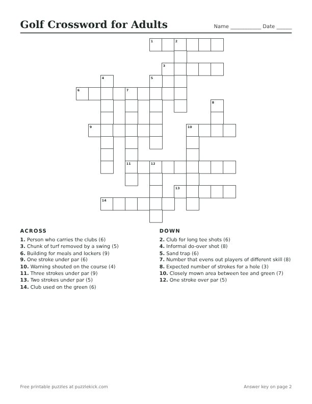Printable Golf Crossword for Adults PDF preview with grid and clues