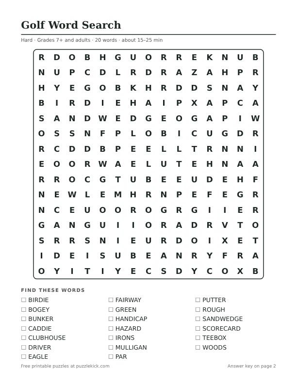 Printable Golf Word Search PDF preview: puzzle page with word list