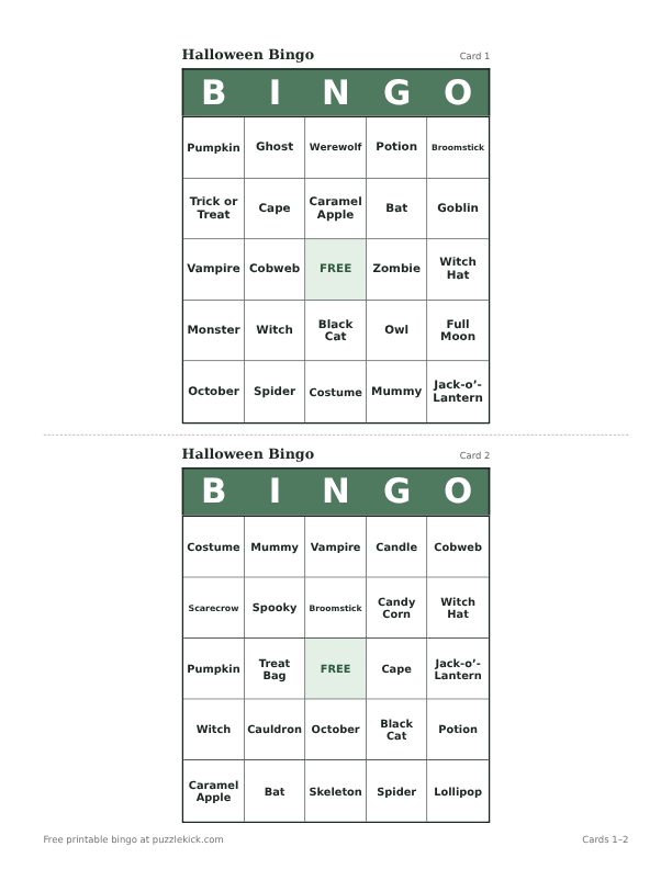 Halloween Bingo printable PDF preview with two cards