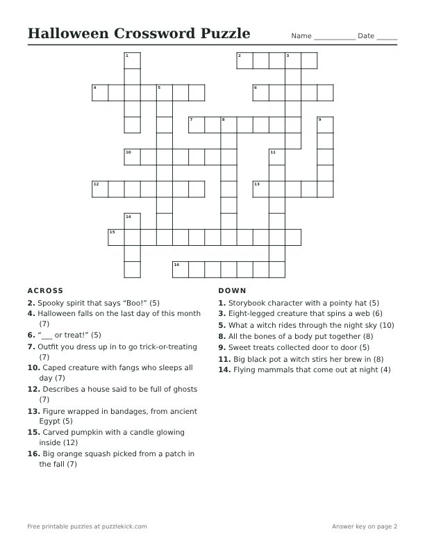 Printable Halloween Crossword Puzzle PDF preview with grid and clues