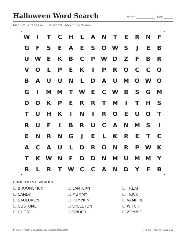 Printable Halloween Word Search PDF preview: puzzle page with word list