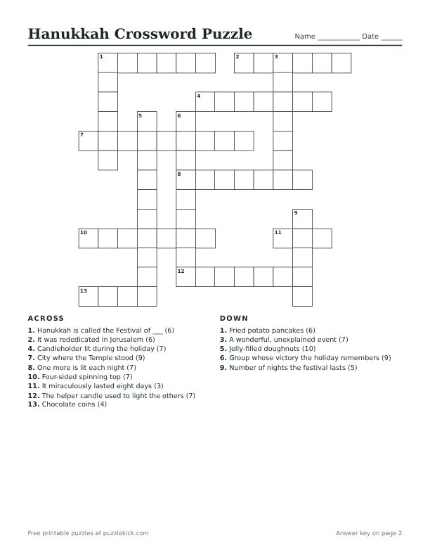 Printable Hanukkah Crossword Puzzle PDF preview with grid and clues