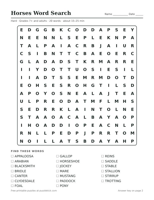 Preview of the horses hard word search