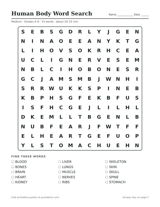 Printable Human Body Word Search PDF preview: puzzle page with word list