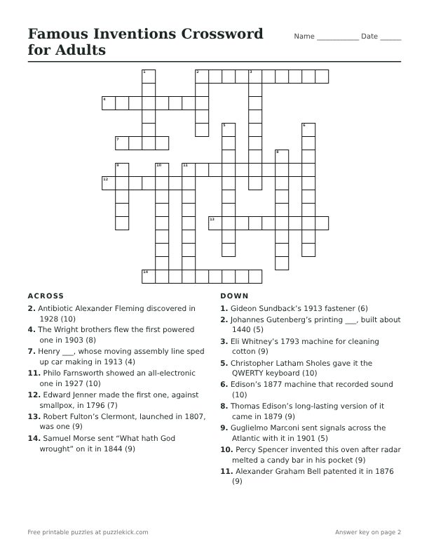 Preview of the famous inventions crossword for adults