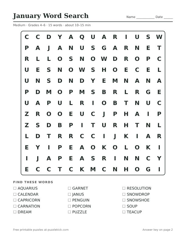 Printable January Word Search PDF preview: puzzle page with word list