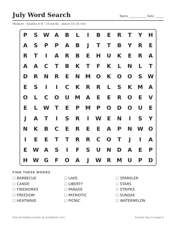 Printable July Word Search PDF preview: puzzle page with word list