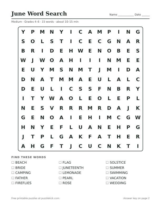 Printable June Word Search PDF preview: puzzle page with word list