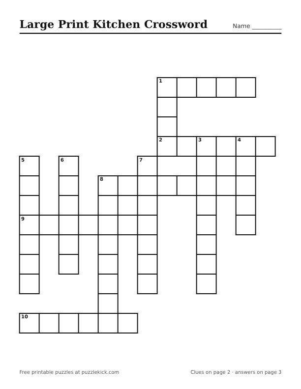 Printable Large Print Kitchen Crossword PDF preview with big squares and large clues