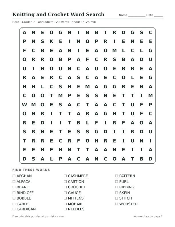 Preview of the knitting and crochet hard word search