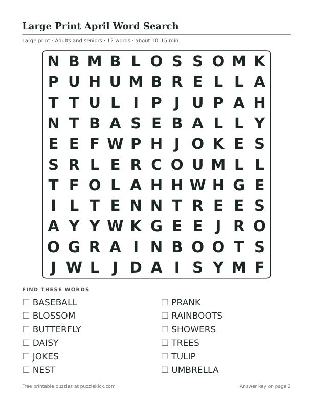 Printable Large Print April Word Search PDF preview: puzzle page with word list