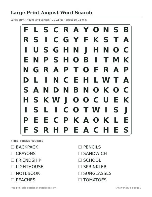 Printable Large Print August Word Search PDF preview: puzzle page with word list