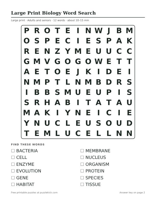 Printable Large Print Biology Word Search PDF preview: puzzle page with word list
