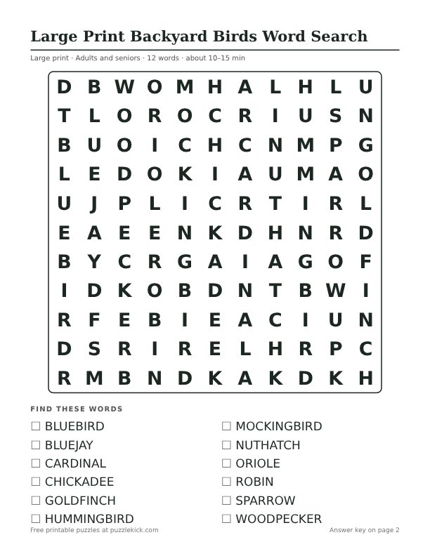 Printable Large Print Backyard Birds Word Search PDF preview: puzzle page with word list