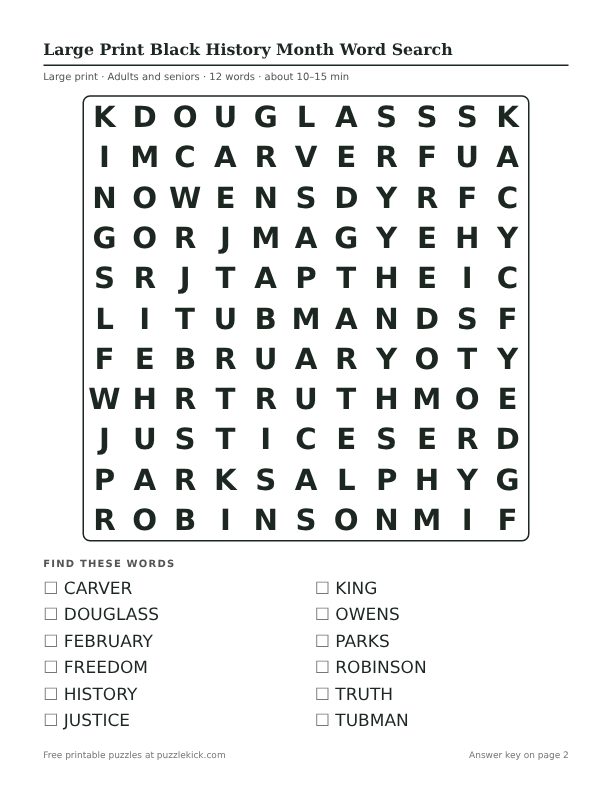 Printable Large Print Black History Month Word Search PDF preview: puzzle page with word list