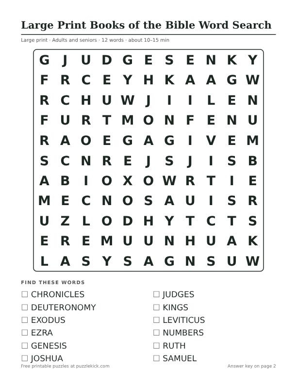 Printable Large Print Books of the Bible Word Search PDF preview: puzzle page with word list