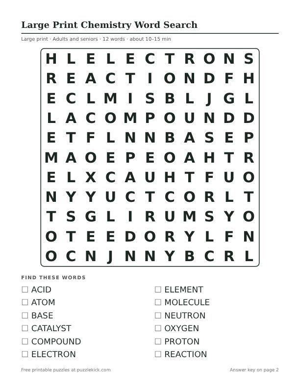Printable Large Print Chemistry Word Search PDF preview: puzzle page with word list
