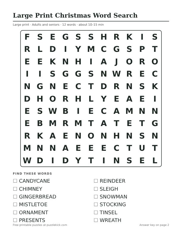 Printable Large Print Christmas Word Search PDF preview: puzzle page with word list