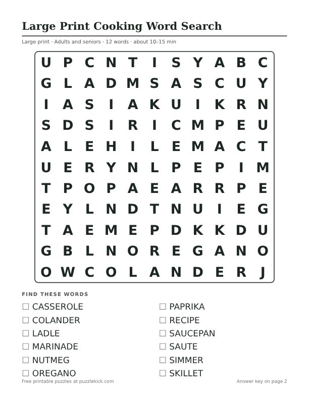 Printable Large Print Cooking Word Search PDF preview: puzzle page with word list